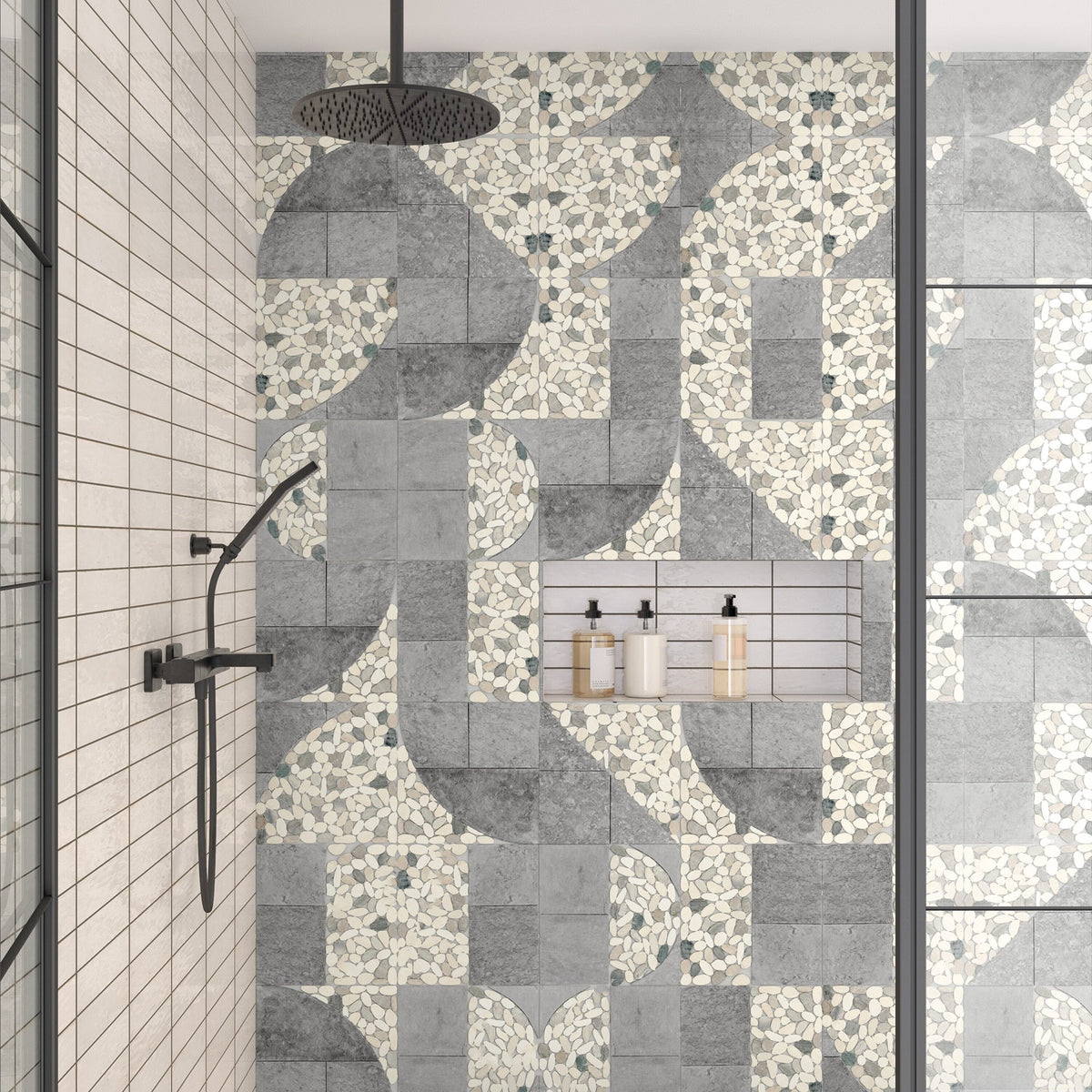 Daltile - Pebble Oasis Natural Stone Mosaic - Art Deco - Coal shower installation