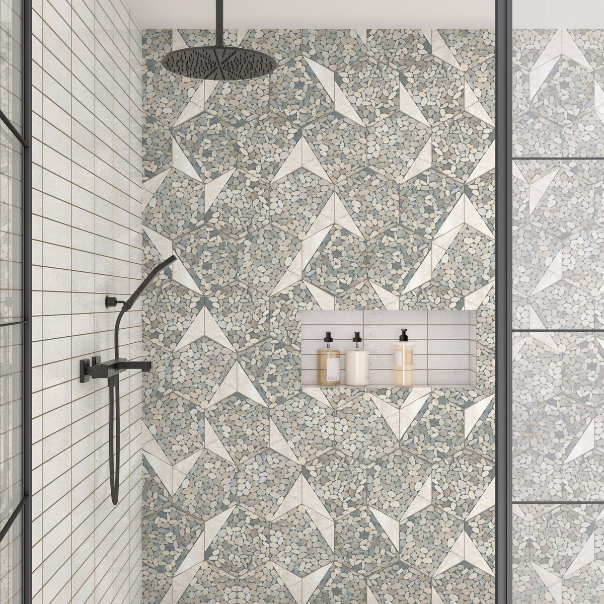 Daltile - Pebble Oasis Natural Stone Mosaic - Tri-Hex - Coal shower wall installation