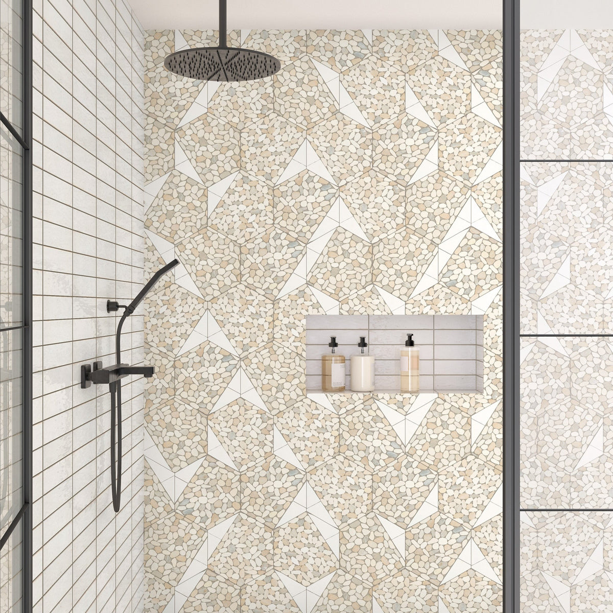 Daltile - Pebble Oasis Natural Stone Mosaic - Tri-Hex - Seashell shower wall installation