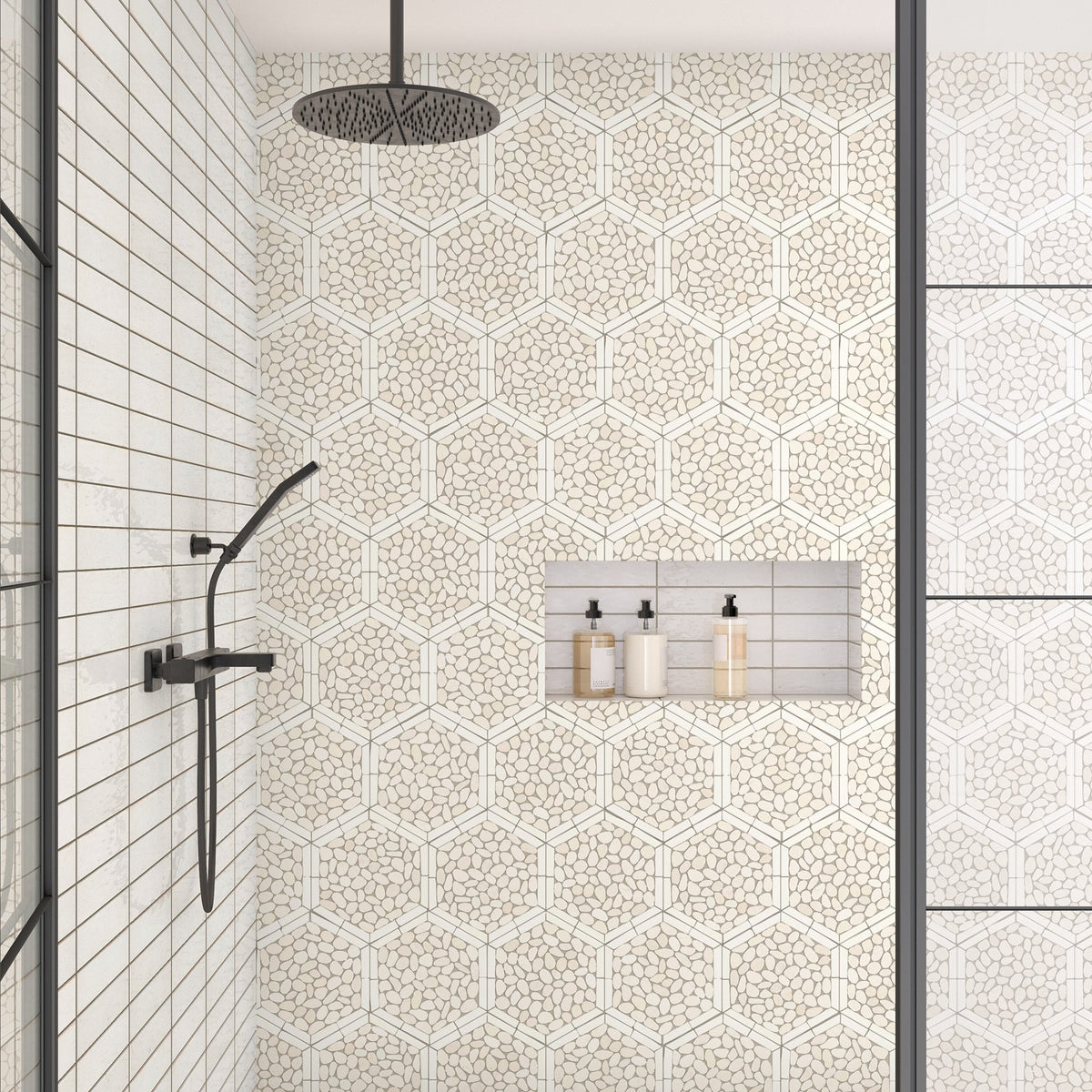 Daltile - Pebble Oasis Natural Stone Mosaic - Framed Hex - Icicle shower wall installation