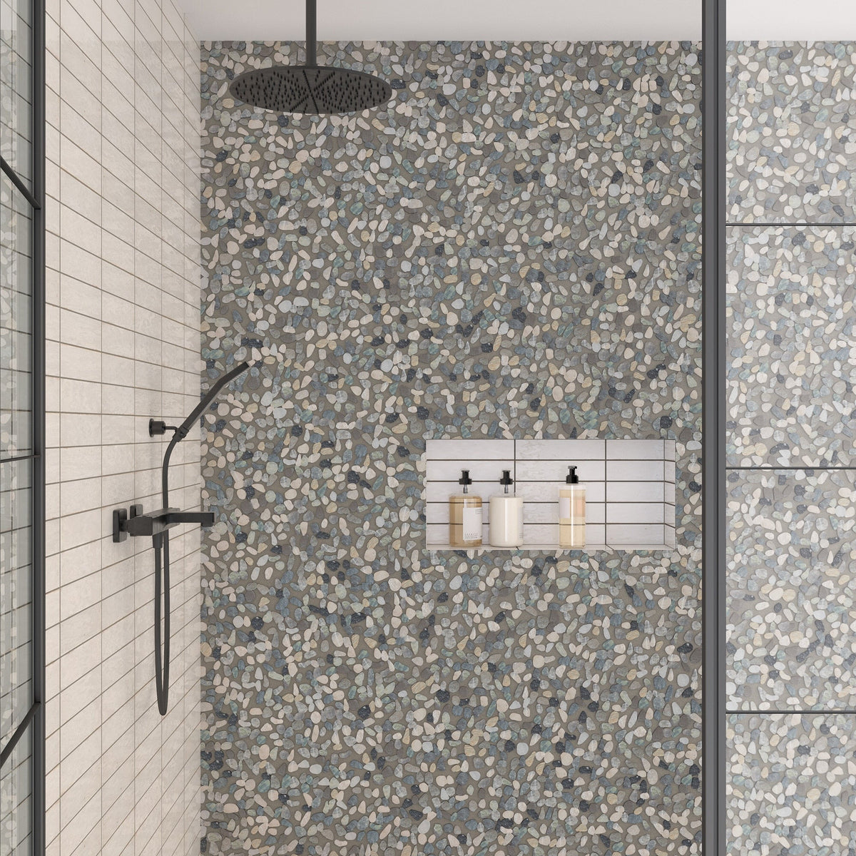 Daltile - Pebble Oasis Natural Stone Mosaic - Flat Pebble - Coastal shower installation