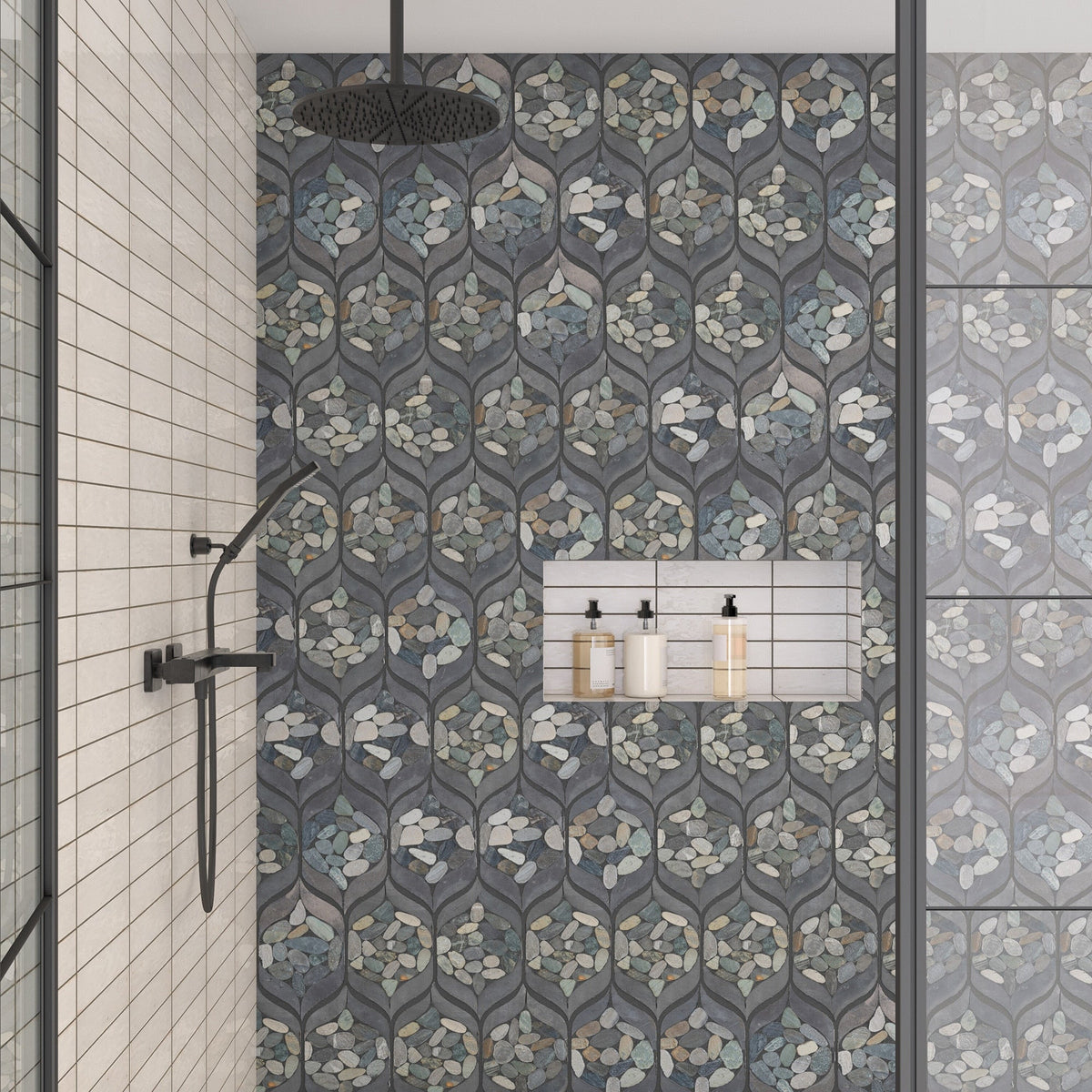 Daltile - Pebble Oasis Natural Stone Mosaic - Petal Pebble - Coastal shower installation