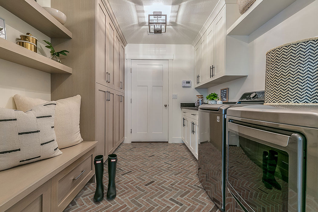 MSI - Brickstaks - 2.25 in. x 7.5 in. - Clay Brick Herringbone Tile - Noble Red Mud Room Install