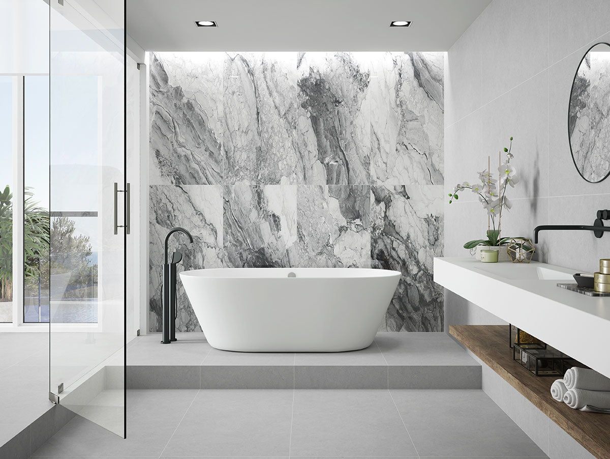 MSI - Kaya 24 in. x 48 in. Porcelain Tile - Onda Gray Polished Wall Install