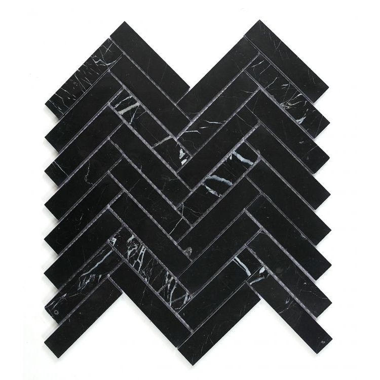 Elysium - Herringbone Marquina 11.25 in. x 11.25 in. Marble Mosaic