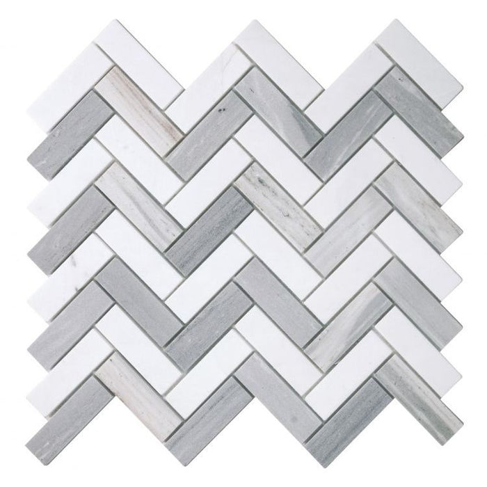Elysium - Herringbone Blue 11 in. x 12.5 in. Marble Mosaic