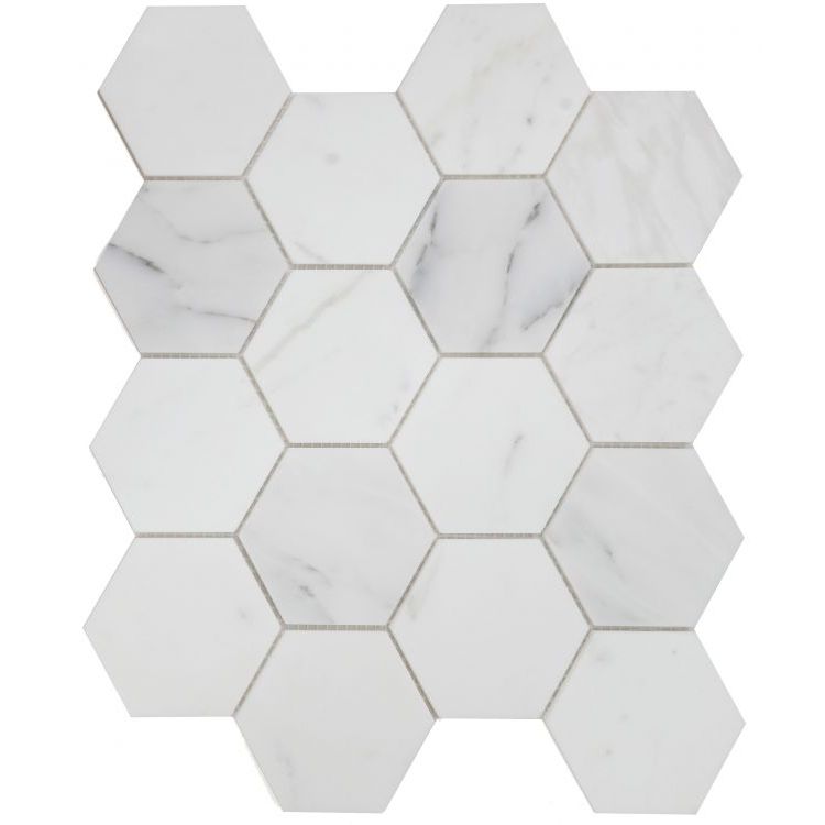 Elysium - Hexagon 3&quot; x 3&quot; Marble Mosaic - Calacatta White Honed