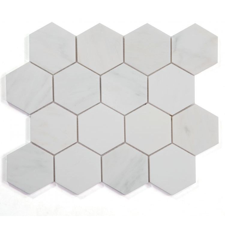 Elysium - Hexagon 3&quot; x 3&quot; Marble Mosaic - Snow White Honed