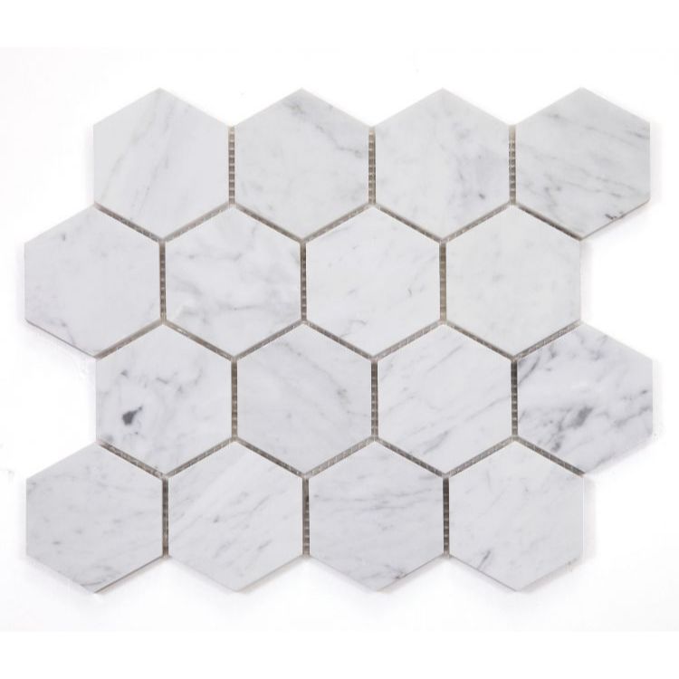 Elysium - Hexagon 3&quot; x 3&quot; Marble Mosaic - Carrara Polished