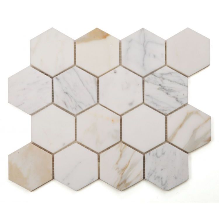 Elysium - Hexagon 3&quot; x 3&quot; Marble Mosaic - Calacatta Gold Honed