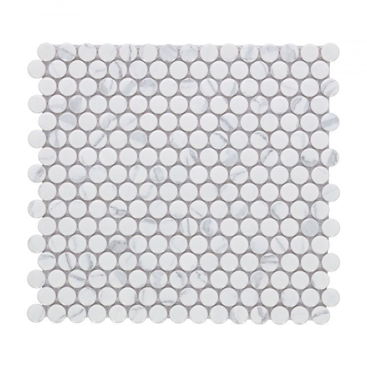 Elysium - Penny Round 11.5 in. x 12.25 in. Porcelain Mosaic - Statuario Glossy