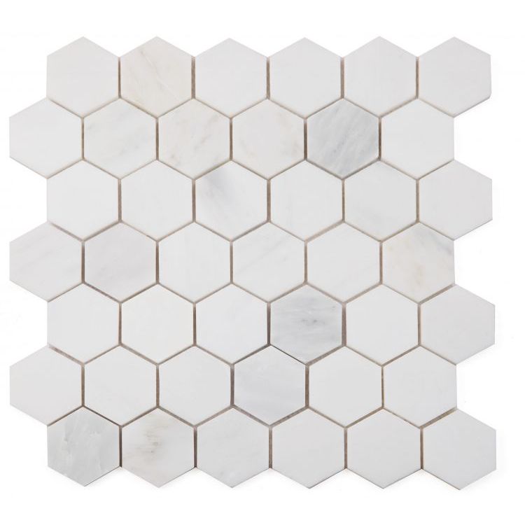 Elysium - Hexagon 2&quot; x 2&quot; Marble Mosaic - Snow White Polished