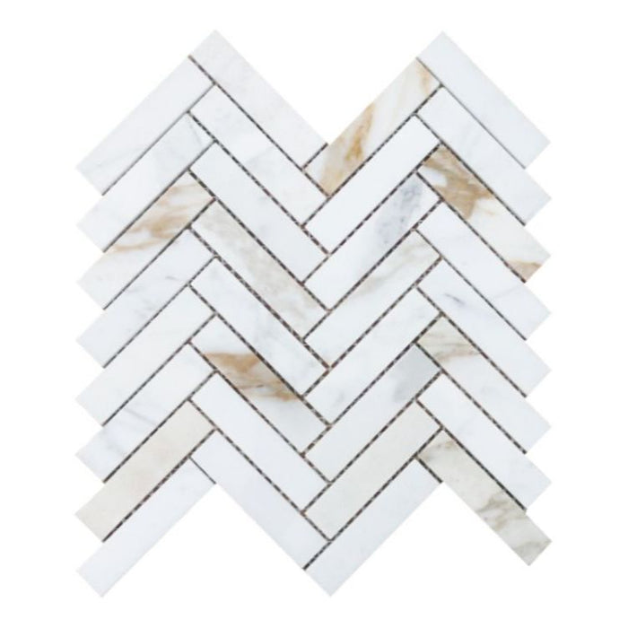 Elysium - Herringbone Calacatta Gold Honed 11.25 in. x 11.25 in. Marble Mosaic