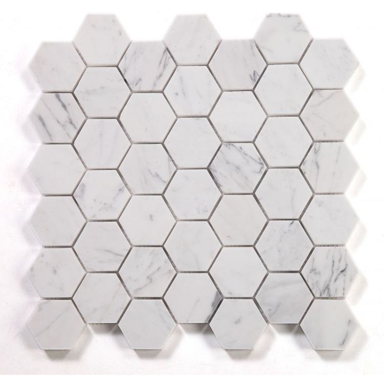 Elysium - Hexagon 2&quot; x 2&quot; Marble Mosaic - Calacatta White Honed