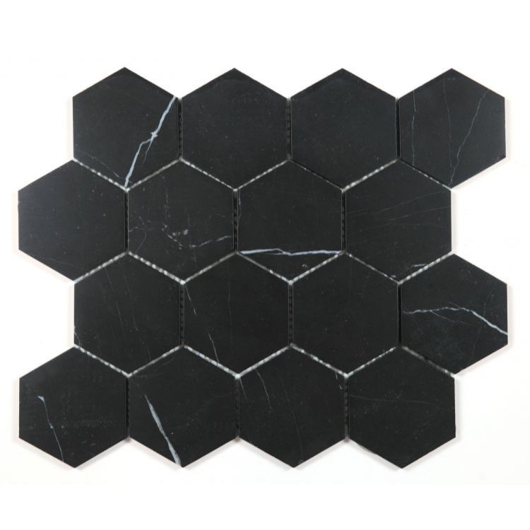 Elysium - Hexagon 3&quot; x 3&quot; Marble Mosaic - Marquina Honed