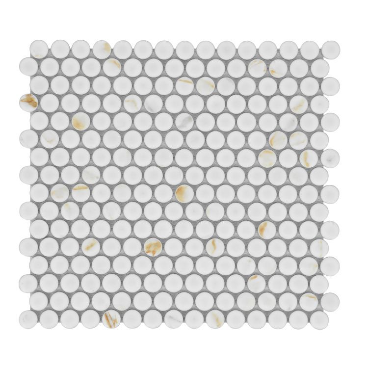 Elysium - Penny Round 11.5 in. x 12.25 in. Porcelain Mosaic - Calacatta Matte