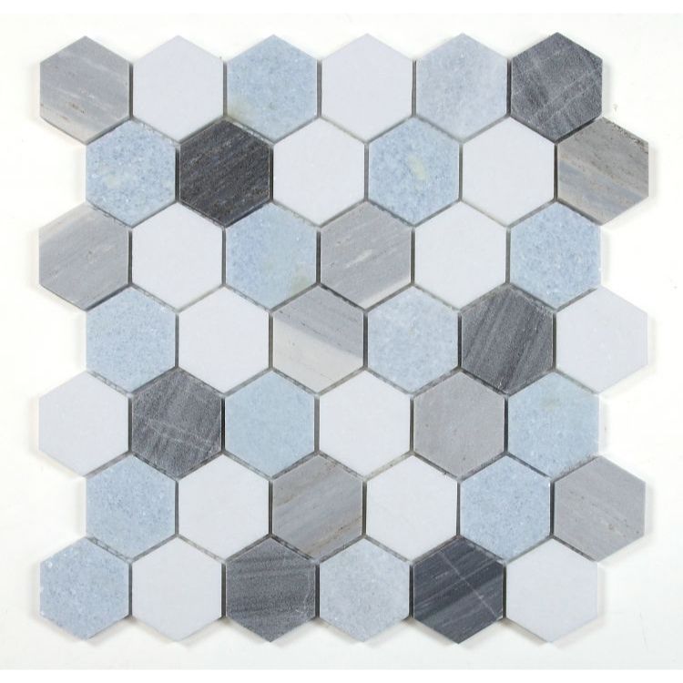 Elysium - Hexagon 2&quot; x 2&quot; Marble Mosaic - Deep Ocean