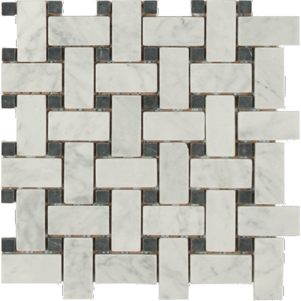 Maniscalco - Daintree Exotic Mosaics Series - Marble Herringbone Mosaic - Tumbled Bianco Carrara and Nero Marquina
